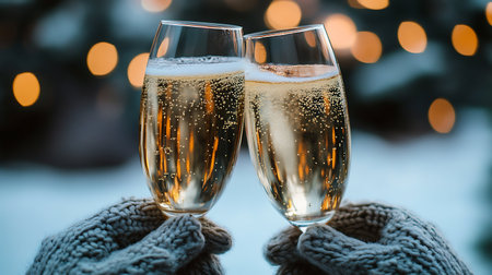Close-up cropped view of two hands wearing warm outfit holding in hands glasses sparkling wine congrats festal mood atmosphere outdoor festive event partyの素材
