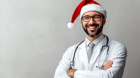 Young handsome doctor in white uniform and Santa Claus hat standing in studio on white background looking in camera and teeth smile Portrait medical student Christmas New Year Holiday Medicine conceptの写真素材