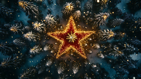 Beautiful aerial view of decorated and illuminated Christmas tree at night . Celebrating Christmas and New Year.の素材