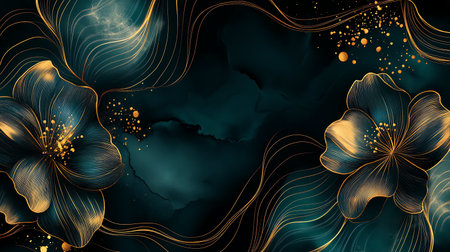 Luxury minimal style wallpaper with golden line art flower and botanical leaves, Organic shapes, Watercolor.の写真素材