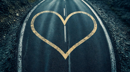 Big heart symbol painted on the countryside asphalt road.の素材