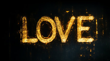 LOVE, gold letters with elegant background illustration and golden glitter texture. Gold sparkles on black background creating a luxurious and romantic design.の写真素材