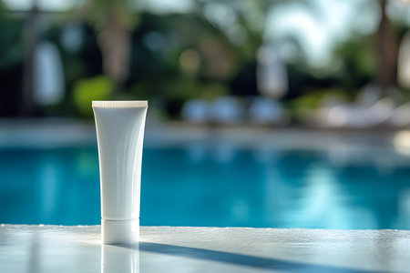 White tube without label placed near the swimming pool in resort. Natural cosmetic concept. Empty label for branding mockup, empty space.の写真素材