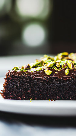 Delicious indulgence fragrant a slice of chocolate pistachio cake, vertical.の素材
