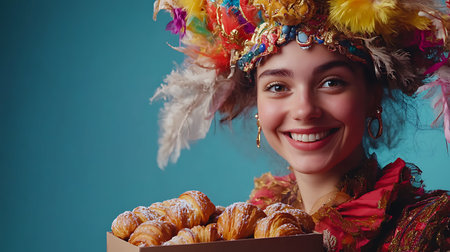 Young happy woman in carnival costume with box of croissants on studio blue background.の素材
