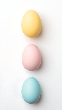 Row of colorful pastel decorated Easter eggs isolated on white background, happy Easter concept, white copy space, vertical.の素材