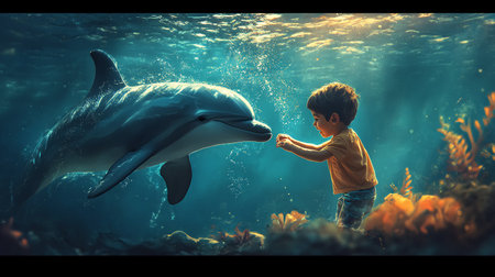 Realistic Illustration of a Kid Boy Scuba Diving with a Dolphin.の素材