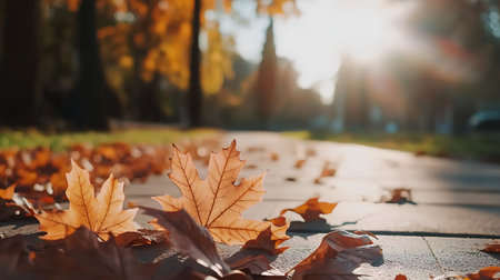 Carpet of golden autumn maple leaves on a sidewalk in a park. Selective focusの素材