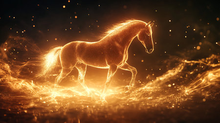 Golden glowing horse riding night sky star. Creative decoration magical backdrop shining cosmos space fairy myth moon light fantasy background illustration, 2026 year horoscopeの写真素材