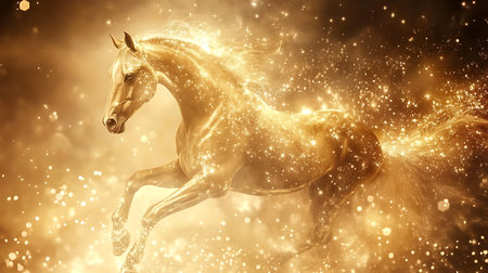 Golden glowing horse riding on dark background. Creative decoration magical shining cosmos space fairy myth moon light fantasy background illustration, 2026 year horoscope.の写真素材