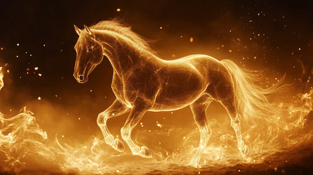Golden glowing horse riding on dark background. Creative decoration magical shining cosmos space fairy myth moon light fantasy background illustration, 2026 year horoscope.の写真素材