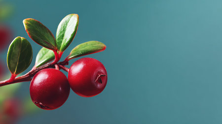 Wild cowberry on plain background. Ripe red forest berries Vaccinium vitis-idaea with green leaves. copy space.の写真素材