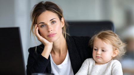 Mother works with a laptop and plays with her little daughter. Mom working and raising children. Business woman in office with a child. Work on a computer as a freelancer at home remotely.の素材