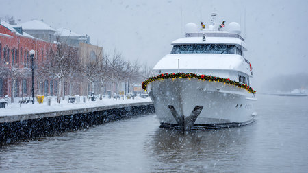 Winter landscape of town with lake or sea with boats on foreground, christmas.の素材