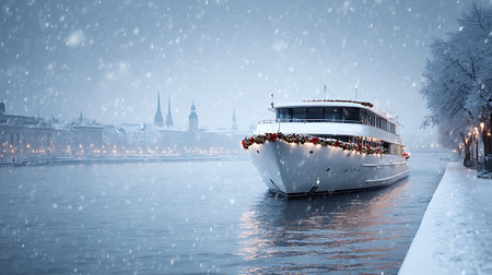 Winter landscape of town with lake or sea with boats on foreground, christmas.の素材