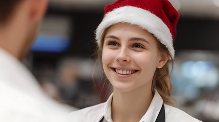 Polite smiling salesgirl in red apron and Santa hat, standing behind counter, offering various wine options to young man for holiday table in cozy festive grocery store on New Years Eve..の素材