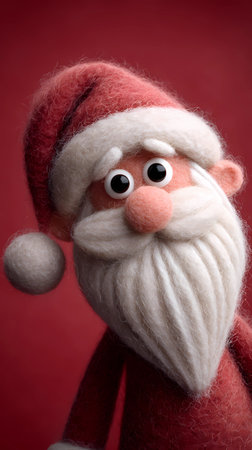 Funny Felt Santa Claus vertical on red background, cartoon , 3d.の素材