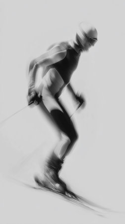 Â´Black and white silhouette of man skiing, blurred, verticalの素材