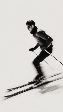 Â´Black and white silhouette of man skiing, blurred, verticalの素材