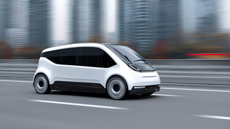 driverless car on urban street. Front side view. Selective focus.の素材