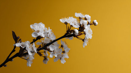 A branch of blooming cherry or plum with delicate white flowers and pinkish-red stamens is positioned diagonally on a bright yellow background.の素材