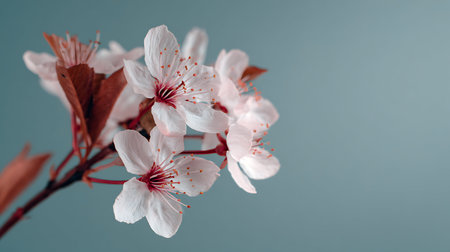 A branch of blooming cherry or plum with delicate white flowers and pinkish-red stamens is positioned diagonally on a bright background.の素材