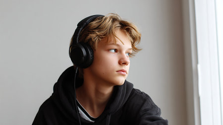 Portrait of serious attractive boy teenager , listening music in wireless headphones.の素材