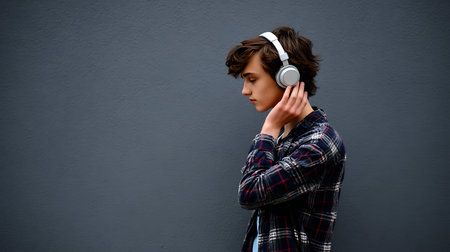 Portrait of serious attractive boy teenager , listening music in wireless headphones.の素材