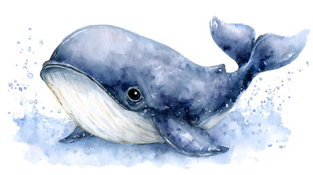Watercolor blue whale illustration isolated on white background. Hand-painted realistic underwater animal artの素材