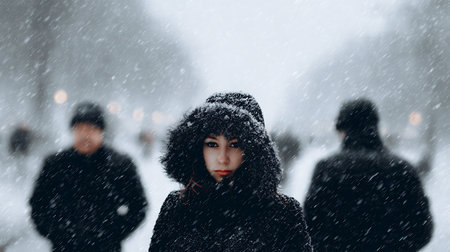 Cold weather and blizzard in city park. Woman in fur hood standing during snowfall.の素材