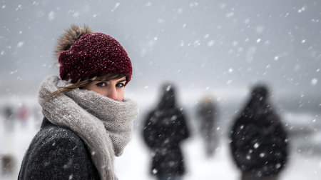 Cold weather and blizzard in city park. Woman walking during snowfall.の素材