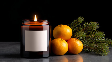 Cozy candlelight scene with glowing aromatic candle in glass jar, winter orange fruit on dark table with fir tree branch in the evening.の素材