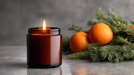 Cozy candlelight scene with glowing aromatic candle in glass jar, winter orange fruit on dark table with fir tree branch in the evening.の素材