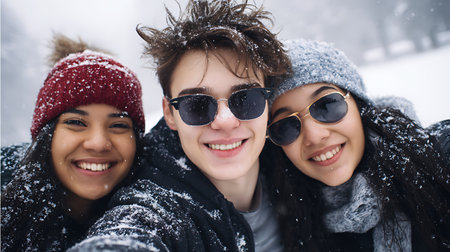 International guys and girls taking funny selfie on warm fashion clothes - Happy life style concept with millenial people having fun together out side on winter holidays.の素材