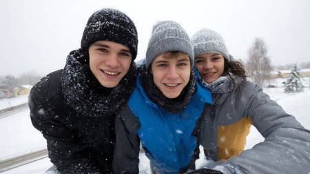 International guys and girls taking funny selfie on warm fashion clothes - Happy life style concept with millenial people having fun together out side on winter holidays.の素材