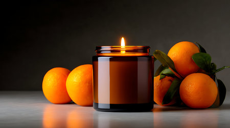 Stylish Christmas and New Year composition on dark background. Elegant trendy lifestyle photo. Festive holiday modern mock up concept with candle and orangesの素材