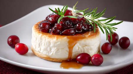 Baked Camembert Brie cheese with a cranberry, honey, balsamic vinegar and nut relish and garnished with thyme. Served with toasted bread slices. Selective focus with blurred background and foreground.の素材