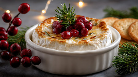 Baked Camembert Brie cheese with a cranberry, honey, balsamic vinegar and nut relish and garnished with thyme. Served with toasted bread slices. Selective focus with blurred background and foreground.の素材