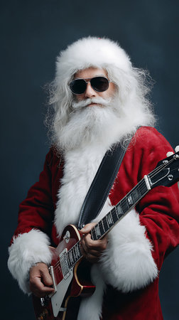 Cheerful santa claus with an electric guitar pointing isolated on dark background.の素材