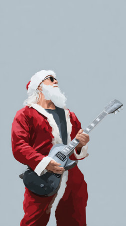 Cheerful santa claus with an electric guitar pointing isolated on grey background, vertical.の素材