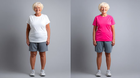 Comparison of senior women in sport outfit before and after weight loss. Diet and healthy nutrition. Liposuction results.の素材