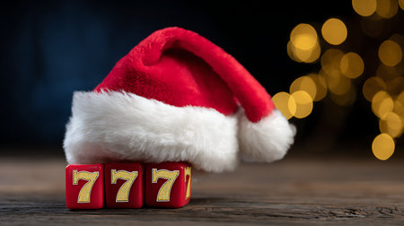 Santa Claus hat on jackpot sign 777 - horizontal, blurred backgroundの素材