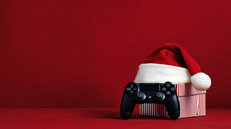 Next generation white video game controller inside red gift box. Ideal as a gift from Santa Claus at Christmas.の素材