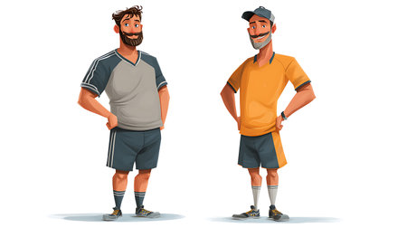 Fat and slim man, before and after weight loss in sportswear, cartoon character, isolated, flat illustrationの素材