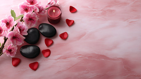 Spa concept on light background, orchid flower and zen, stones, hearts salt, candle top view, copy space, romantic template spa invitation.の素材