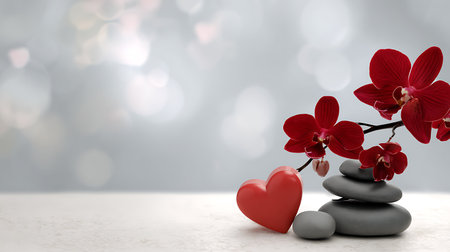 Spa concept on light background, heart, orchid flower and zen, grey stones, copy space.の素材