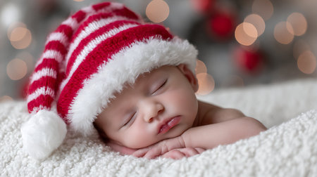Newborn santa. Little boy sleep in santa hatの素材