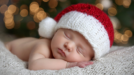 Newborn santa. Little boy sleep in santa hatの素材