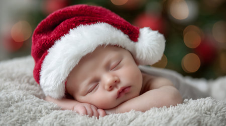 Newborn santa. Little boy sleep in santa hatの素材