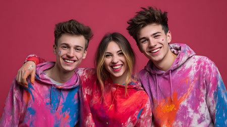 Three of happy young people have fun in colors during festival of colors.の素材